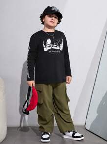 SHEIN Tween Boys加大尺碼卡通字母圖案長袖T恤