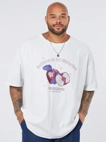 Manfinity VCAY Men's Plus Size Casual Knitted Apple Mosaic Pattern Printed Loose-Fit Drop Shoulder Round Neck Short Sleeve T-Shirt, Suitable For Summer - White - View 1