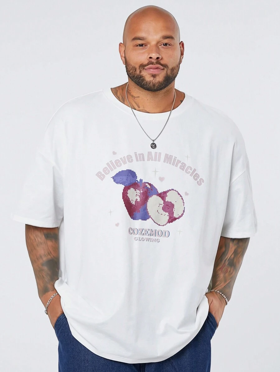 Manfinity VCAY Men's Plus Size Casual Knitted Apple Mosaic Pattern Printed Loose-Fit Drop Shoulder Round Neck Short Sleeve T-Shirt, Suitable For Summer - White - View 1