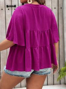 SHEIN VCAY 夏季加大碼實色鬆身休閒娃娃衫 - 中紫紅色 - 查看 2