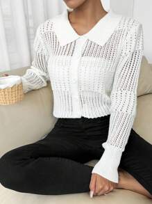 SHEIN LUNE Camisa feminina casual sólida com lapela Vazada, camisa de manga longa com botões, ideal para férias. - Branco - Visão 5