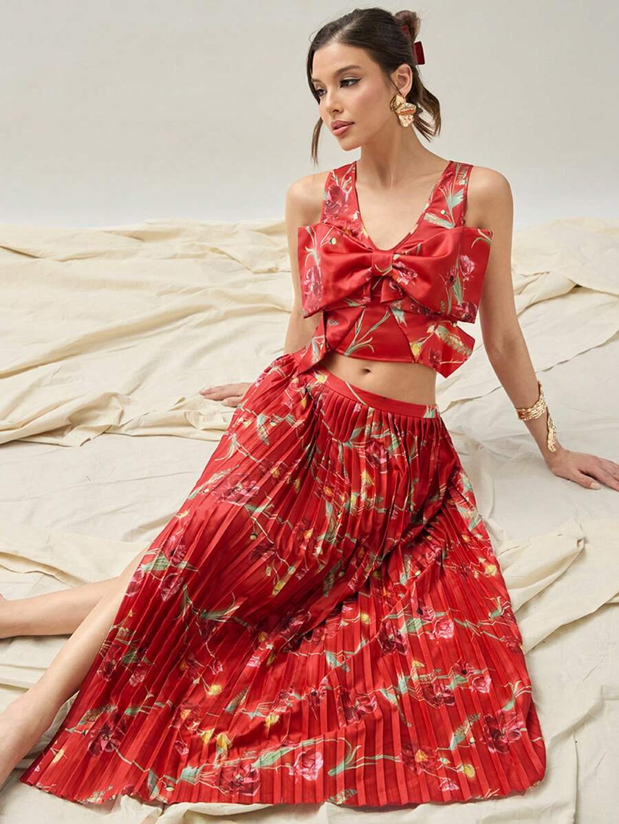 COSMINA Women's Sleeveless Floral Printed Bow Tie Blouse Top And Pleated Skirt - Multicolor - View 1
