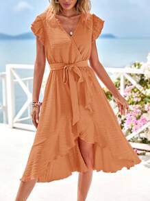 SHEIN LUNE Ruffle Trim Wrap Belted Midi Dress - Coral Orange - View 5