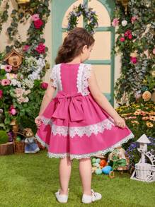 SHEIN Leap Crew Young Girl Lovely Princess Style Square Neckline Dress Decorated With Bowknot And Lace, With Bowknot Headband, 2pcs/Set - Hot Pink - View 2