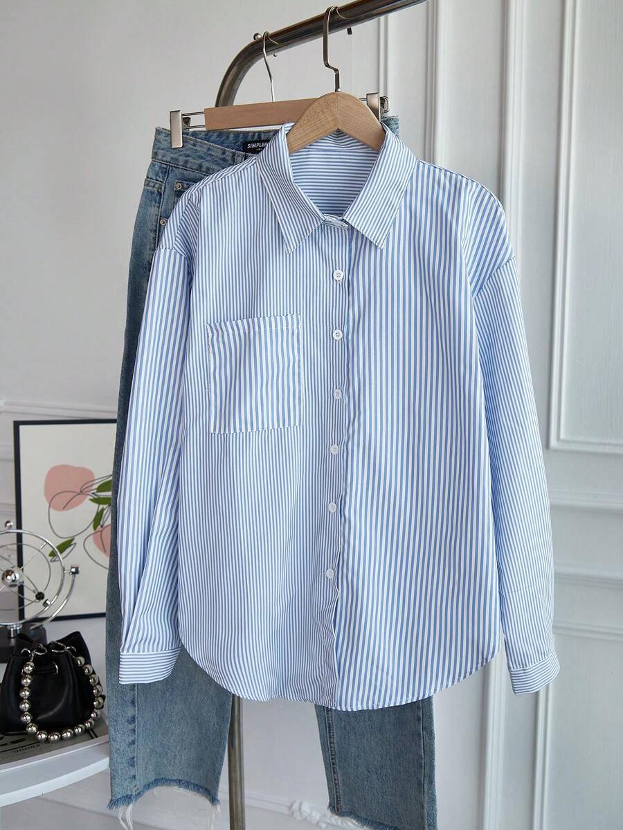 SHEIN LUNE Long Sleeve Shirt With Contrast Stripe Panel Fall Cloth For Women - Blue - View 1