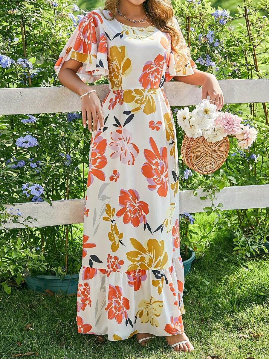 Breezaya Women's French Floral Printed Ruffled Short Sleeve Round Neck Dress Maxi Vacation Beach Outfit - Multicolor - View 1