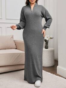 RueChic Plus Long Knit Sweater Dress With Zipper, For Winter - Grey - View 5
