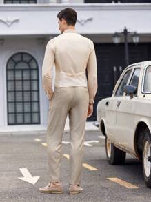 Manfinity VCAY Men's 2pcs Woven Business Casual Suit With Vest And Long Straight-Legged Pants, Spring/Summer - Khaki - View 5