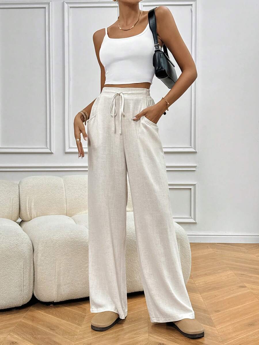 SHEIN Frenchy Quần ống đứng có dây rút eo - Màu be - Xem 1