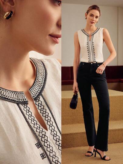 MOTF PREMIUM Blusa Sin Mangas Con Cuello De Muesca Y Estampado Geo Bordado De Lino