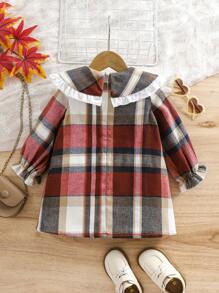 寶貝女孩可愛的彼得潘襯領彩塊格紋長袖連衣裙，配有荷葉邊飾 - 紅白色 - 查看 2