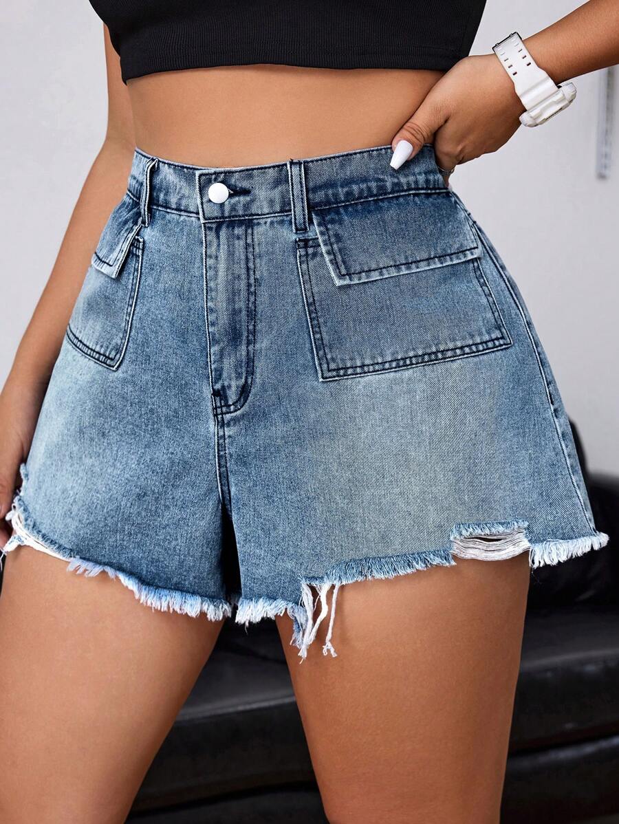 SHEIN EZwear Quần short denim thông thường viền sờn có kích thước lớn dành cho nữ - Rửa nhẹ - Xem 1