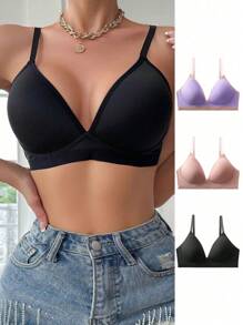 Wedaily 3pcs Small Size Solid Color Simple Wireless Bra - Multicolor - View 1