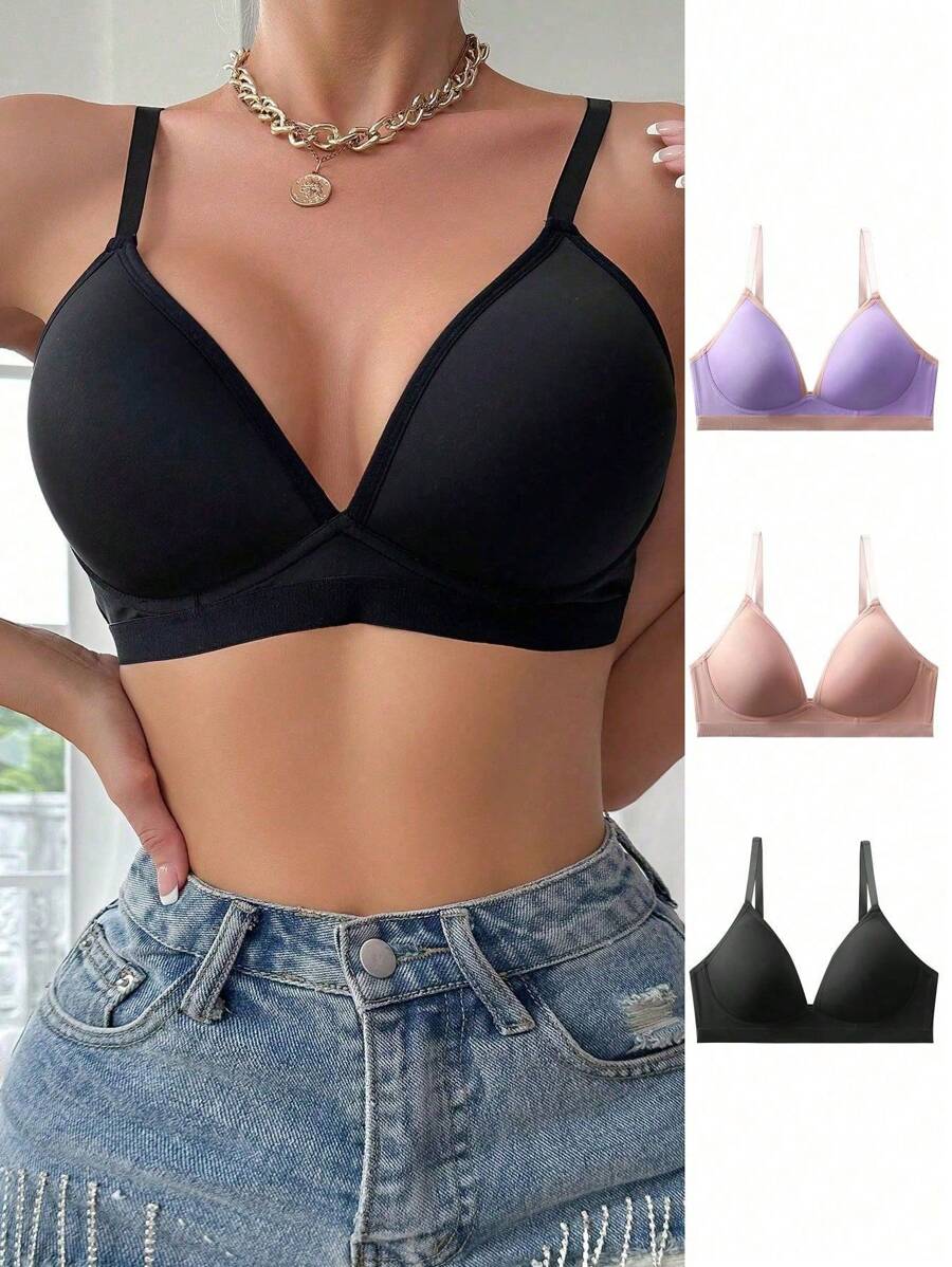 Wedaily 3pcs Small Size Solid Color Simple Wireless Bra - Multicolor - View 1