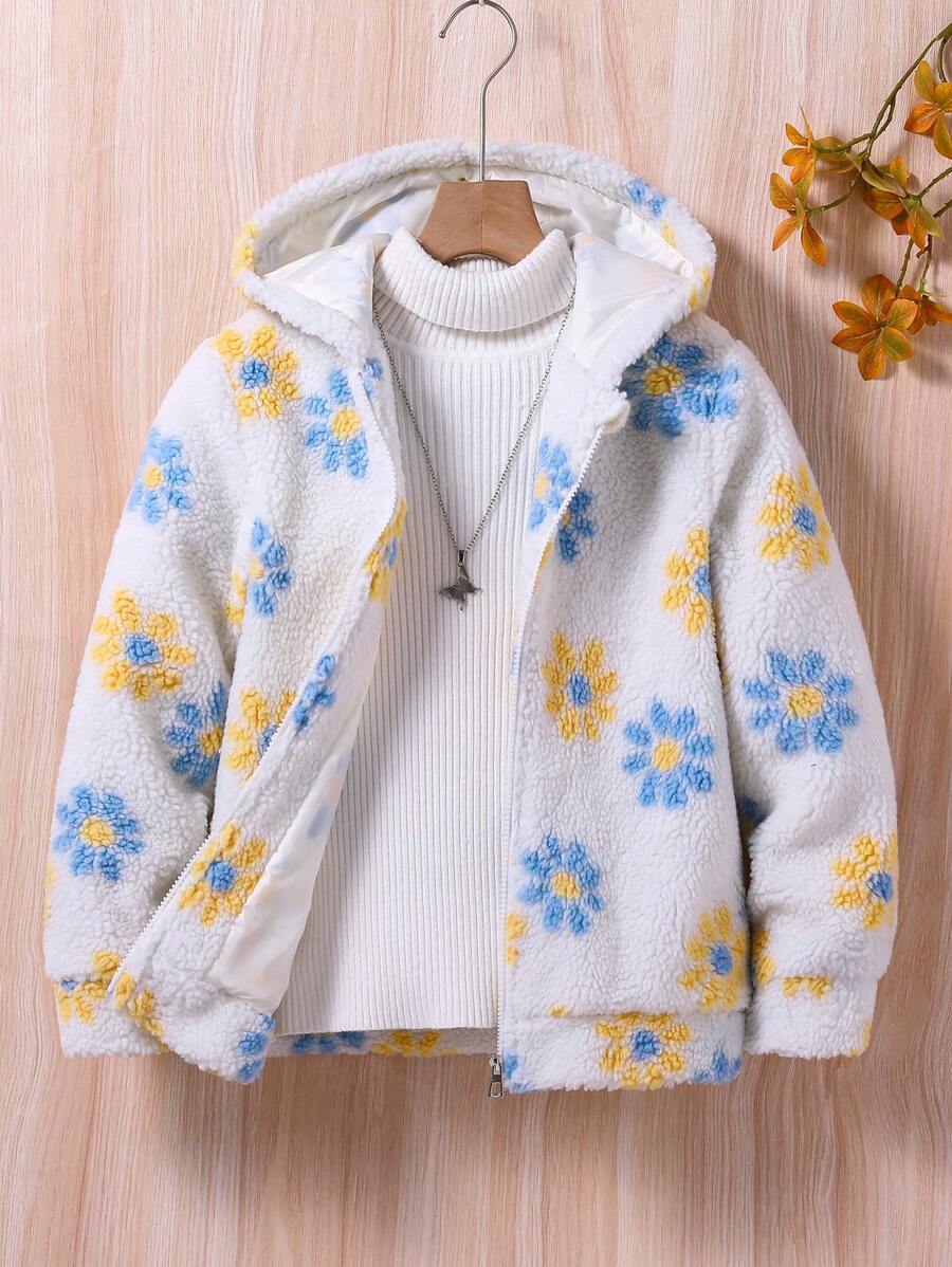 Girls' Plush Zippered Windproof Jacket With Flower Design, Long Sleeved And Lined - Multicolor - View 1