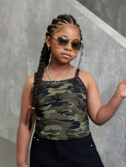 SHEIN Tween Girl Extended尺寸迷彩針織背心，休閒春夏裝搭