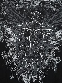 ROMWE Grunge Punk Plus Size Summer Grunge Style Music Festival Printed Rhinestone Asymmetrical Neck T-Shirt, School - Black - View 3