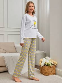 RueChic 2Pcs Cotton Ice Cream Printed White Top & Pants PJ Set - White - View 6