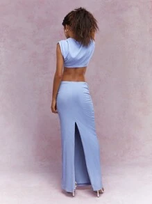MISSGUIDED Chi Tiết Xoắn Cổ Lao Cứng Vải Xếp Vai Crop Top Và Vải Xếp Eo Xẻ Sau Ôm Body Váy Maxi Đồng Hoặc Bộ - Màu tím hoa cà - Xem 2