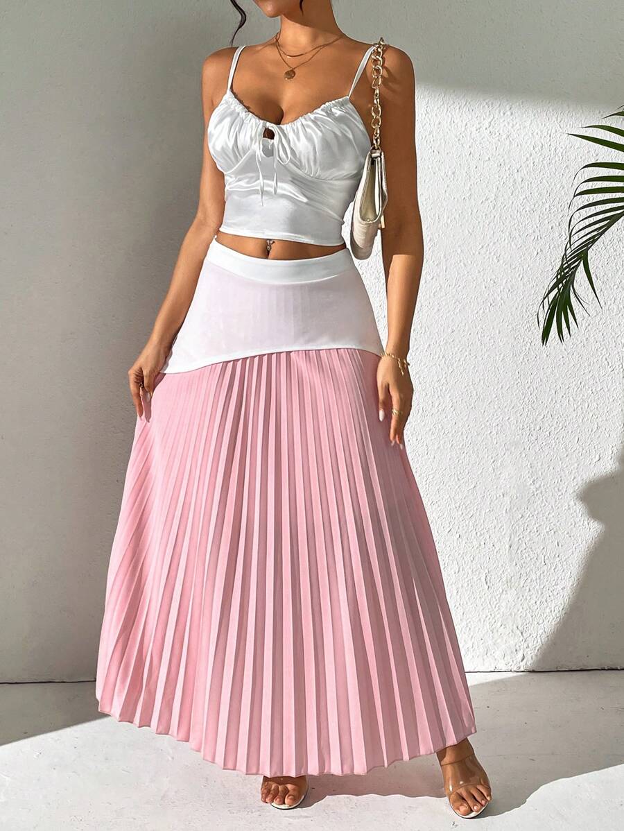 SHEIN LUNE Two Tone Pleated Skirt For Summer Fall Cloth For Women - Pink - View 1
