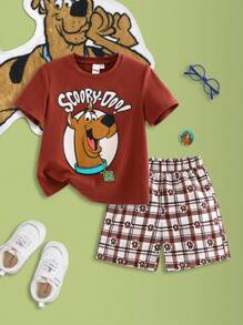 SCOOBY-DOO X SHEIN Young Boy Casual Cartoon Printed Brown Short Sleeve T-Shirt And Plaid Shorts, Summer - Brown - View 1