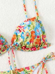 SHEIN Swim Summer Beach Women's Sfumato Floral Print Chest Drawstring Knotted Bikini Top, Side Tie Thong Beach Wear Bikini Set - Multicolor - View 4