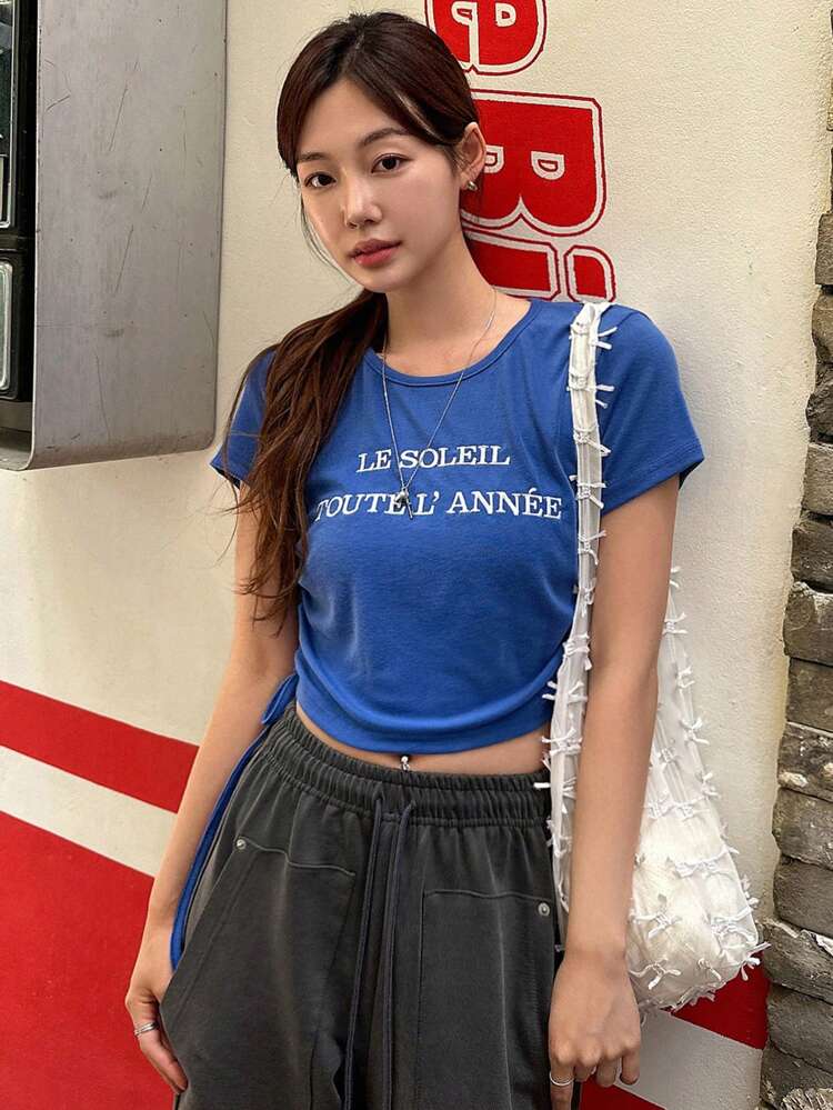Women's Letter Printed Drawstring Short Sleeve T-Shirt,Crop Tops Women,Graphic Tees Preppy Tops