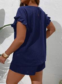 EMERY ROSE Plus Size Women Solid Color Round Neck Top And Shorts Casual Daily 2 Pieces Set - Navy Blue - View 2