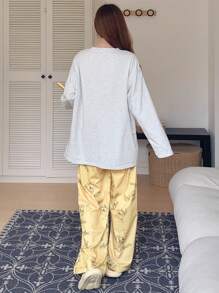 DAZY Cute Cartoon Pattern Printed Round Neck Long Sleeve Top And Pants Set - Yellow - View 2