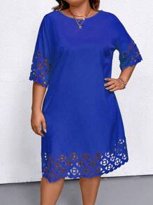 大码女士纯色简洁日常镂空连衣裙，适合夏季 - 藍色 - 查看 4