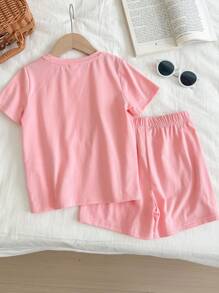 SHEIN Young Girl Cute Girl, Casual Face & Flower Printed Short Sleeve T-Shirt And Shorts 2pcs Set, Suitable For Summer Girls Short Setsbaby Summer Set
