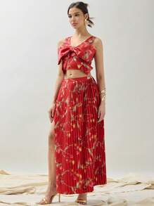 COSMINA Women's Sleeveless Floral Printed Bow Tie Blouse Top And Pleated Skirt - Multicolor - View 3