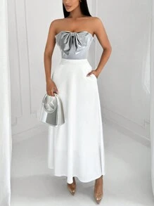 SHEIN SXY 女士黑白拼接A字裙，配有蝴蝶結