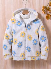 Girls' Plush Zippered Windproof Jacket With Flower Design, Long Sleeved And Lined - Multicolor - View 3