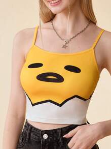 Gudetama X SHEIN Họa tiết quả trứng màu vàng Dễ thương Thường ngày Mùa hè Áo yếm bó sát - Màu vàng - Xem 7