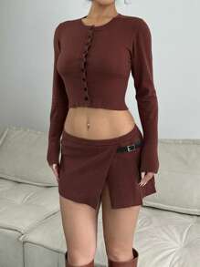 SHEIN Unity Summer Sexy Solid Color Low Waist Split Mini Knitted Skirt - Coffee Brown - View 5