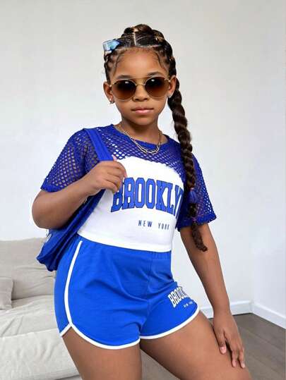 SHEIN Tween Girls Extended Size Street-Style Sports Casual Spring/Summer Knitted Mesh Pullover Top With Tank Top And Shorts 3-Piece Set