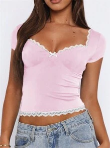 INAWLY 女士簡約日常短袖T恤，純色設計，配有蕾絲裝飾