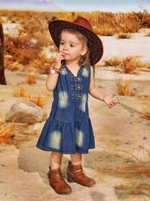 SHEIN Hiệu ứng giặt denim màu xanh đậm của bé gái Phong cách phương Tây của Mỹ Kỳ nghỉ đồng quê Dễ thương Thanh lịch Tuyệt đẹp Trang phục thường ngày hàng ngày, Xuân/Hè - Nhiều màu - Xem 3