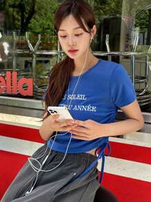 DAZY Women's Letter Printed Drawstring Short Sleeve T-Shirt,Crop Tops Women,Graphic Tees Preppy Tops - Royal Blue - View 7