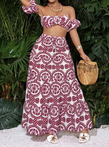 SHEIN SXY Women's Sleeveless Printed Bustier Top And Vacation Matching Skirt Two-Piece Set