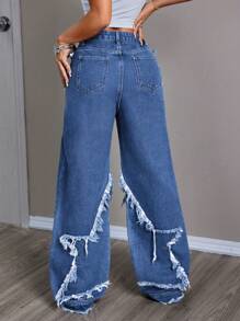 SHEIN EZwear Casual Washed Wide-Leg Baggy Jeans With Star Applique And Frayed Hem - Dark Wash - View 2