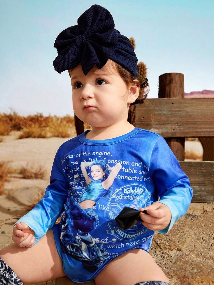 SHEIN 寶寶女童藍色有趣搖滾酷印花美西鄉村風格可愛日常休閒連體衣，秋季 - 彩色 - 查看 1