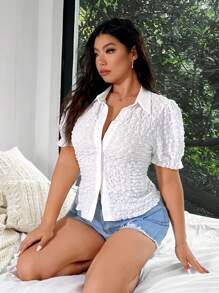 Flirla Chemise à manches bouffantes texturées de couleur unie décontractée pour l'été grande taille - Blanc - Voir 6