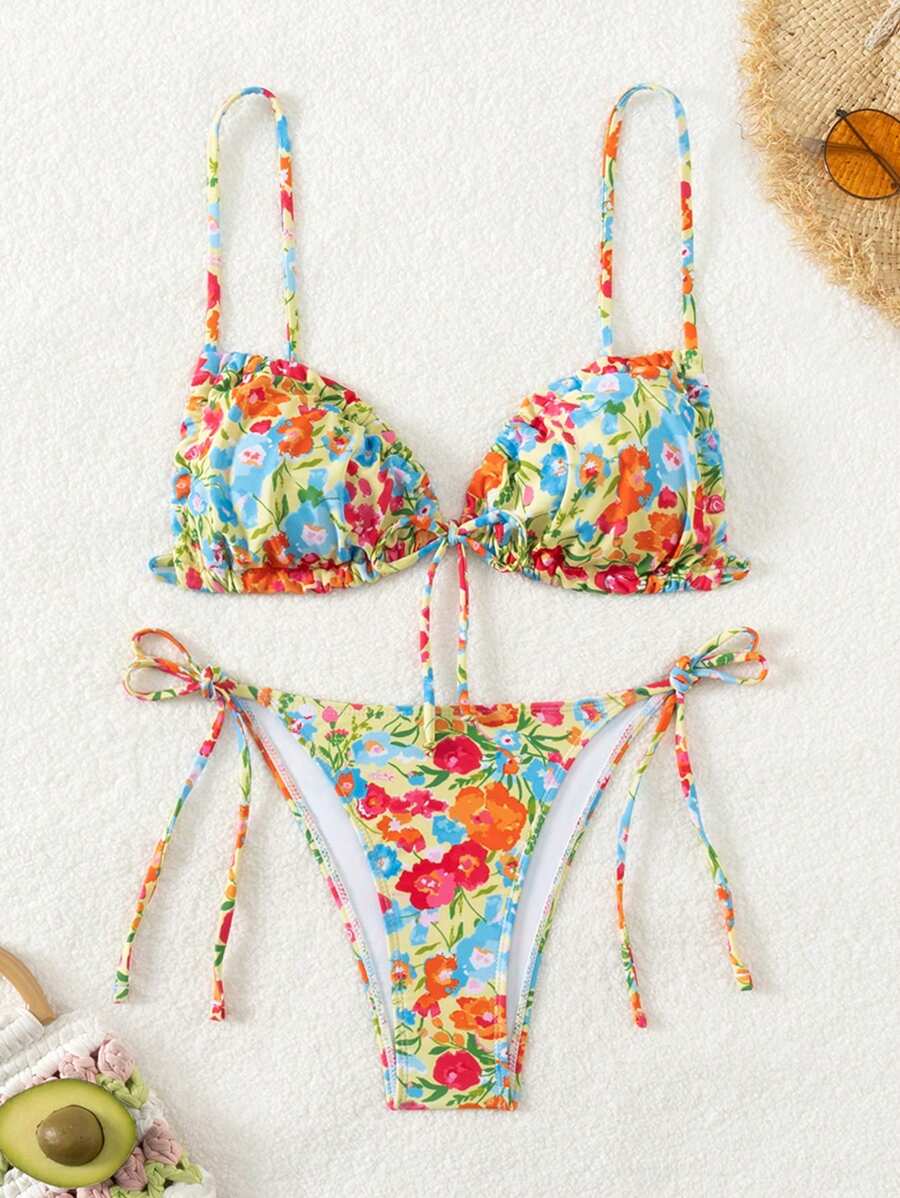 SHEIN Swim Summer Beach Women's Sfumato Floral Print Chest Drawstring Knotted Bikini Top, Side Tie Thong Beach Wear Bikini Set - Multicolor - View 1