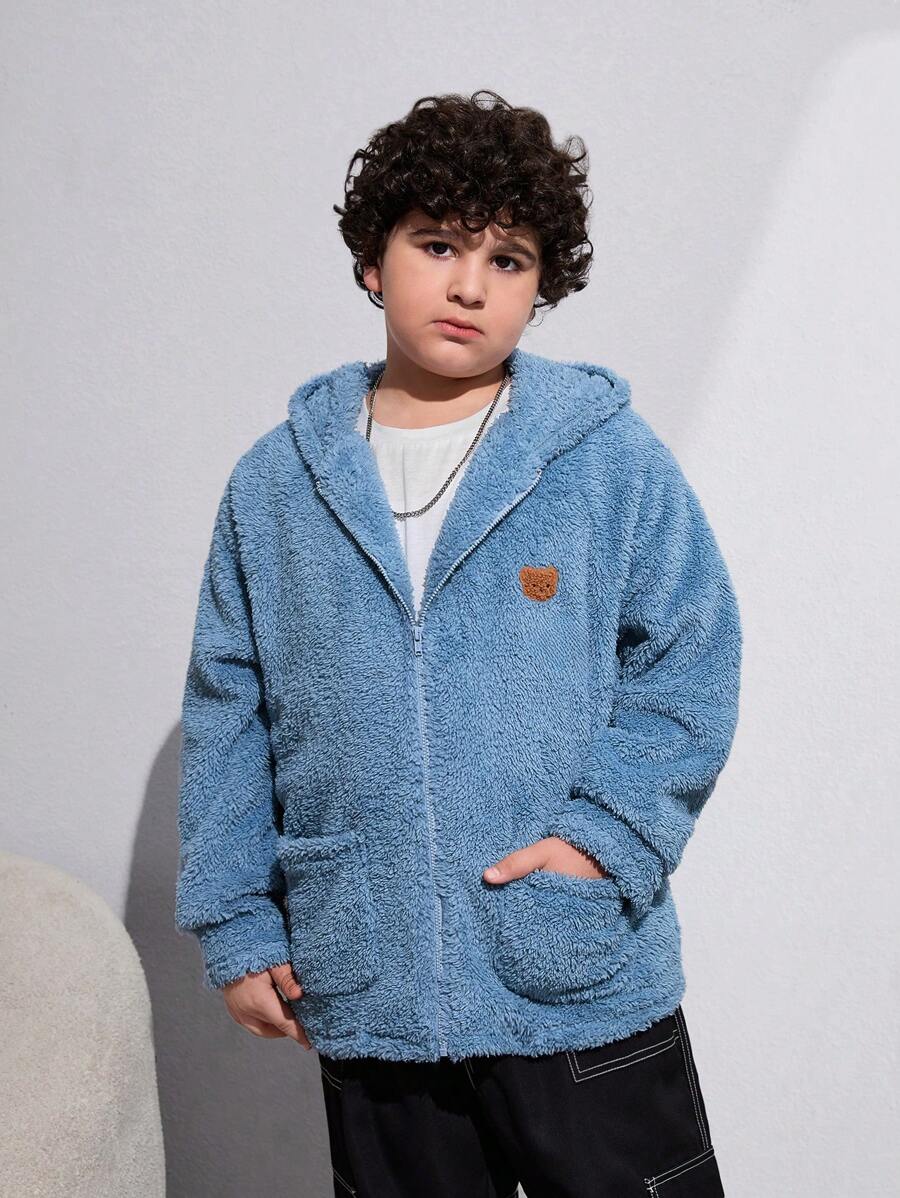 SHEIN Tween男孩加大碼休閒連帽泰迪熊圖案豆豆外套，秋冬季