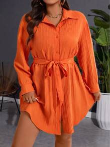 Celure Vestido camisa Plus Size sólido com botões frontais, Primavera/Verão - Laranja - Visão 1