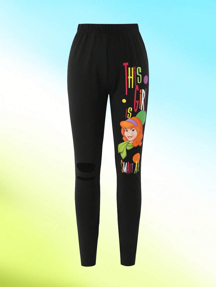 SCOOBY-DOO X SHEIN Tween Girl Cartoon Printed Ripped Black Leggings, Direct Injection Printing - Black - View 1