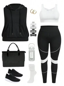Gameset SHEIN Sport 大码连帽背心和拼色紧身裤，带手机口袋，运动套装，女士健身套装