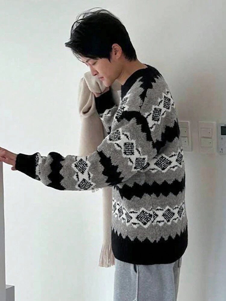 Men's Casual Geometric Pattern Color-Block Sweater, Autumn